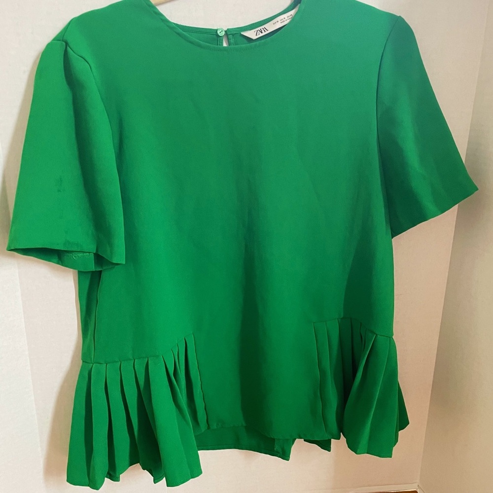Zara Green Pleated Peplum Blouse